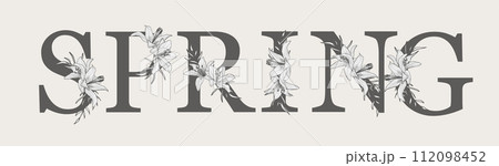 Inscription Spring with iris flowers and leaves 112098452