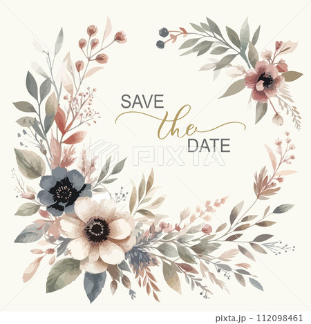 Wedding watercolor round frame with elegant greenery botanical leaf and flowers. Save the date. 112098461