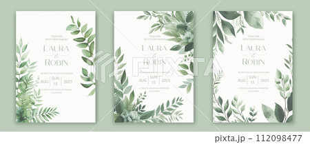 Wedding card template with elegant greenery botanical leaf and branch. Wedding card template with elegant greenery botanical leaf and branch. 112098477