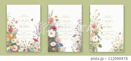 Wedding card template with wild herbs and flowers. 112098478