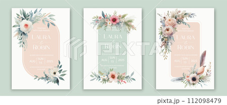 Wedding card template with elegant greenery botanical leaf and branch. 112098479