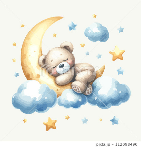 Cute baby teddy bear sleeping on the cloud around moon and stars. 112098490
