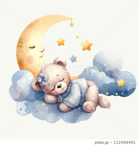 Cute baby teddy bear sleeping on the cloud around moon and stars. 112098491