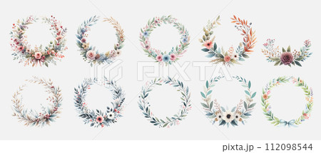 Set of Cute wreath with flowers, leaves and branches in vintage watercolor style. 112098544