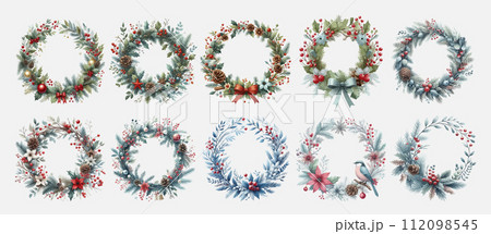 Christmas wreath with winter floral elements. Merry Christmas wreath with text. Christmas decoration wreath frame. 112098545
