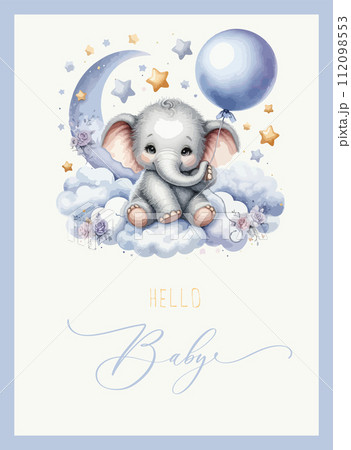 Cute baby shower watercolor invitation card with elephant on cloud. Hello baby calligraphy. 112098553