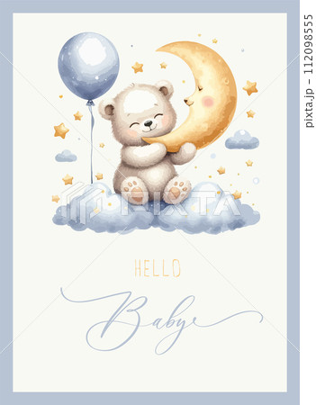 Cute baby shower watercolor invitation card with bear on cloud and stars. Hello baby calligraphy. Cute baby shower watercolor invitation card with bear on cloud and stars. Hello baby calligraphy. 112098555