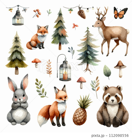 Set of Wild watercolor forest animals. Sticker with woodland wild animals, green trees, berries and plants. Bear, fox, bear, deer, squirrel, owl, hare, hedgehog. 112098556