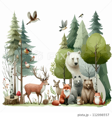 Set of Wild watercolor forest animals. Sticker with woodland wild animals, green trees, berries and plants. Bear, fox, bear, deer, squirrel, owl, hare, hedgehog. 112098557