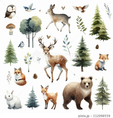 Set of Wild watercolor forest animals. Sticker with woodland wild animals, green trees, berries and plants. Bear, fox, bear, deer, squirrel, owl, hare, hedgehog. Set of Wild watercolor forest animals. Sticker with woodland wild animals, green trees, berries and plants. Bear, fox, bear, deer, squirrel, owl, hare, hedgehog. 112098559