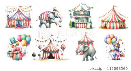 Watercolor circus decorative icons set with elephant clown and circus tent isolated vector. Watercolor circus decorative icons set with elephant clown and circus tent isolated vector. 112098560