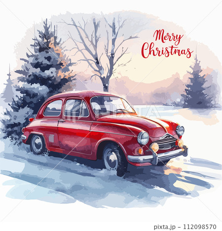 Merry Christmas and Happy New Year. Vector watercolor illustrations of red retro car, postcard, poster. 112098570