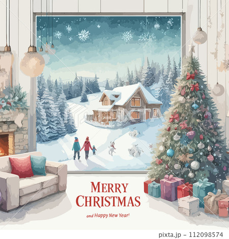 Merry Christmas and Happy New Year. Vector watercolor illustrations of a Christmas tree decorations for a background, postcard, poster. 112098574