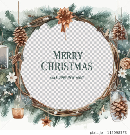 Watercolor frame of fir branches with pine cones. Merry Christmas lettering. 112098578
