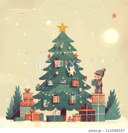 Happy New Year and Merry Christmas card. Cute vector illustration of a boy decorating the Christmas tree. Winter drawing for card, poster. 112098587