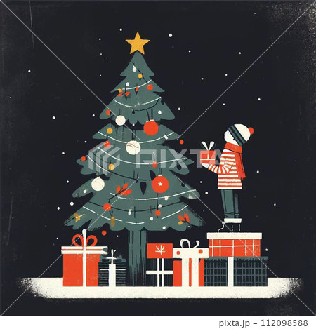 Happy New Year and Merry Christmas card. Cute vector illustration of a boy decorating the Christmas tree. Winter drawing for card, poster. 112098588