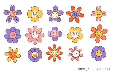Groovy flower cartoon characters set. Funny happy daisy with linear eyes and smile. Sticker pack in trendy retro trippy style. Isolated vector illustration. Hippie 60s, 70s style. 112098651