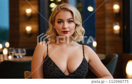 AI-generated content. Elegant blond woman with big breasts in an evening dress with decollete at the AI-generated content. Elegant blond woman with big breasts in an evening dress with decollete at the 112098775