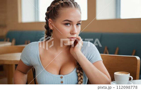 AI-generated content. Young pretty woman with braids and big breasts sitting in a cafe during the AI-generated content. Young pretty woman with braids and big breasts sitting in a cafe during the 112098778