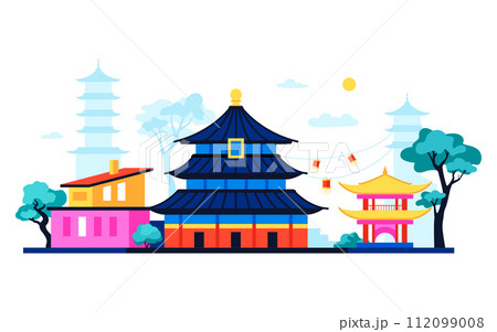 Shinto wooden shrine - modern colored vector illustration Shinto wooden shrine - modern colored vector illustration 112099008