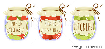 Pickled vegetables set in flat style. Canned cucumber, tomatoes, garlic with labels. Seasonal marinate food. Vector illustration isolated on a white background. 112099014