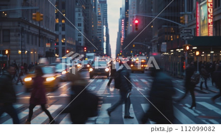 AI-generated content. Unfocused city crowd crossing street at dusk 112099082