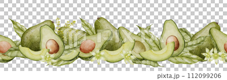 Avocado seamless Border. Watercolor Frame template. Pattern with green fruits. Hand drawn illustration on isolated white background. Painting of vegetable plant. Drawing of Food for floral cards. Avocado seamless Border. Watercolor Frame template. Pattern with green fruits. Hand drawn illustration on isolated white background. Painting of vegetable plant. Drawing of Food for floral cards. 112099206