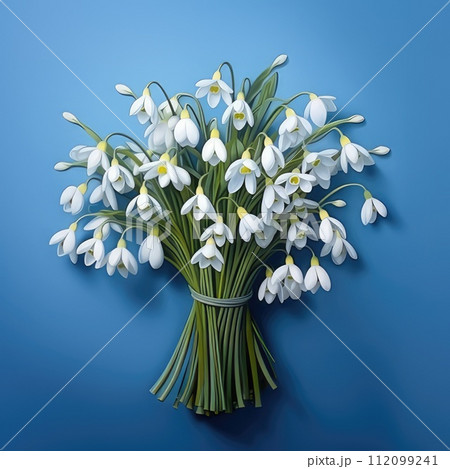 Large bouquet of white snowdrops on a blue background. AI-generated content 112099241