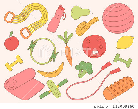 Sport and fitness tools and accessory. Fitness, weight loss and healthy lifestyle concept. Expander, dumbbells, water bottle, fitball, fitness mat. Training items, workout stuff. Vector sport set 112099260