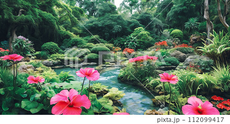 Exotic and captivating beauty of botanical gardens, featuring rare plants, colorful blooms, and unique foliage 112099417