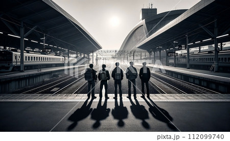 AI-generated content. Young guys in monochrome style standing on train platform waitning for a train 112099740