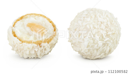 round candy raffaello with coconut flakes and nut isolated on white background round candy raffaello with coconut flakes and nut isolated on white background 112100582