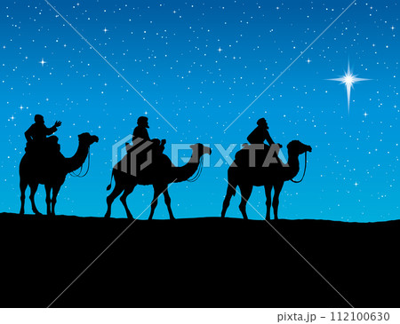 Three Wise kings following Star of Bethlehem. Vector illustration 112100630