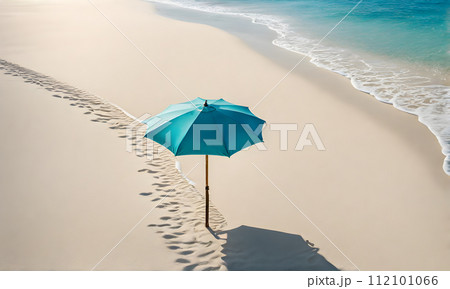 Single Beach Umbrella Casting Long Shadow Over Pristine White Sand Single Beach Umbrella Casting Long Shadow Over Pristine White Sand 112101066