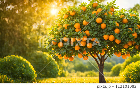 Abundant orange tree with ripe oranges in focus foreground, garden setting background 112101082