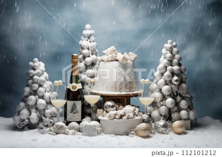 AI-generated content. Crystal glasses filled with Champagne and Christmas bulbs.  112101212