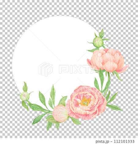 Peach peony bouquet watercolor hand drawn round frame. Chinese national symbol illustration. Realistic flower clipart, floral arrangement for card design, wedding invitation, prints, textile, packing Peach peony bouquet watercolor hand drawn round frame. Chinese national symbol illustration. Realistic flower clipart, floral arrangement for card design, wedding invitation, prints, textile, packing 112101333