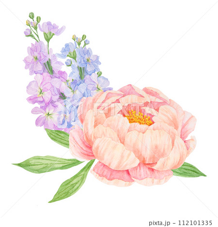 Peach peony, lilac gillyflower bouquet watercolor hand drawn painting. Chinese national symbol illustration. Realistic flower clipart, floral arrangement for card design, wedding invitation, prints 112101335
