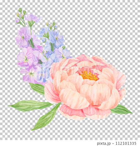 Peach peony, lilac gillyflower bouquet watercolor hand drawn painting. Chinese national symbol illustration. Realistic flower clipart, floral arrangement for card design, wedding invitation, prints 112101335