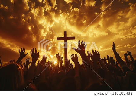 AI-generated content. Crowd people with Faith and hope and cross. Generative AI 112101432