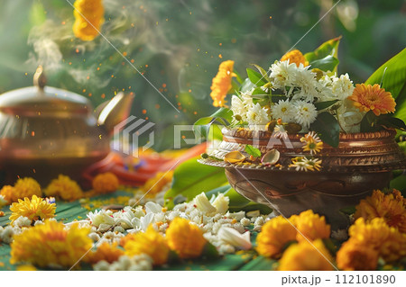 Happy Ugadi greeting card with mango leaf and rice, Indian New Year festival 112101890