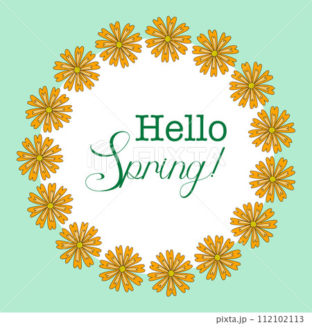 Round frame with yellow flowers and Hello Spring phrase, spring design element, vector 112102113