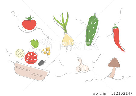 Line fresh vegetables, salad. Hand drawn monoline vector illustrations for heathy menu, diet. 112102147