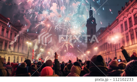 AI-generated content. Celebratory crowd enjoying fireworks in urban setting 112102233