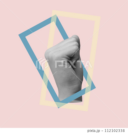 Women fist up, clenched hand. Female power, rights, protest concept card Women fist up, clenched hand. Female power, rights, protest concept card 112102338