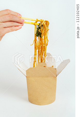 Asian egg noodles box. Takeaway food, Japanese takeout eating, delivery 112102405