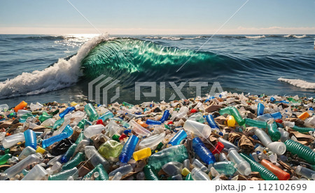 Free-floating industrial plastic waste in the ocean and on beaches, massively polluting coastal regions and waters around the world - ai generated 112102699