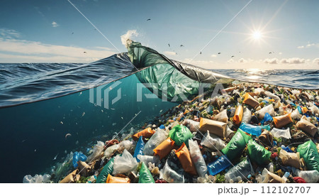 Free-floating industrial plastic waste in the ocean and on beaches, massively polluting coastal regions and waters around the world - ai generated 112102707