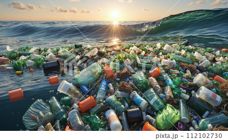 Free-floating industrial plastic waste in the ocean and on beaches, massively polluting coastal regions and waters around the world - ai generated 112102730