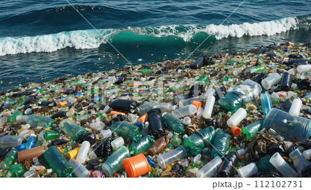 Free-floating industrial plastic waste in the ocean and on beaches, massively polluting coastal regions and waters around the world - ai generated 112102731